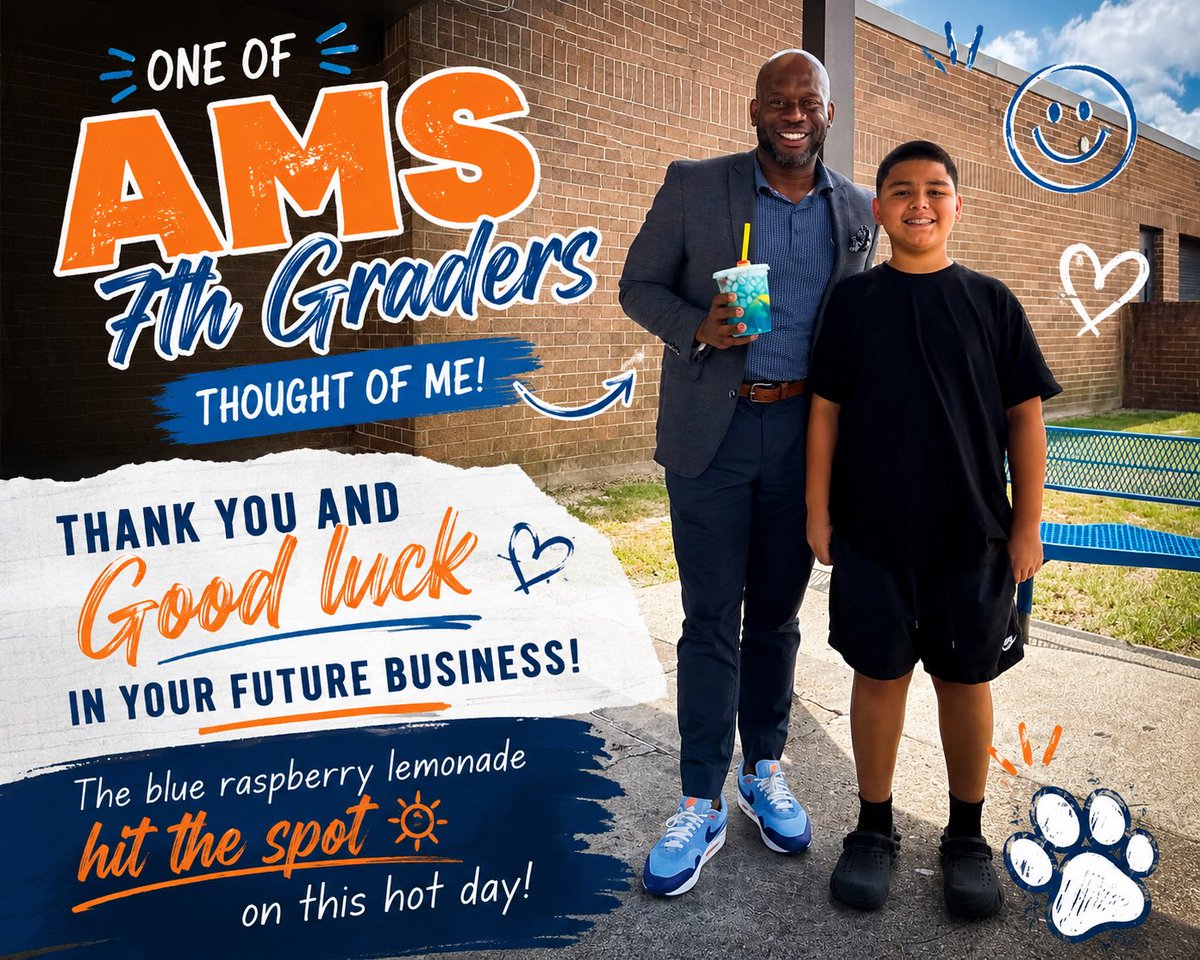 HumbleISD_AMS's tweet photo. 🥤 One of our AMS 7th graders surprised our principal with a blue raspberry lemonade today, and it definitely hit the spot! ☀️
Thanks for thinking of us, and best of luck with your business. We're proud of your entrepreneurial spirit!
#DynamicByDesign #AMSTigers #TigerPride 💙🧡 https://t.co/1RXlxmRA0T