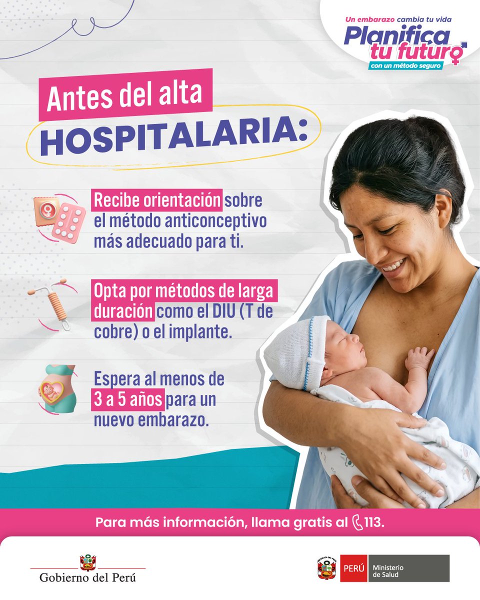 Minsa_Peru's tweet photo. 🤱 Después del parto, el cuidado de la madre continúa.

✅ Antes del alta hospitalaria, toda puérpera debe recibir orientación y consejería sobre planificación familiar y, si así lo decide, acceder a un método anticonceptivo seguro.

🩷Consulta con el personal de salud sobre el método más apropiado para ti.
#PlanificaciónFamiliar #SaludMaterna #MaternidadSegura
