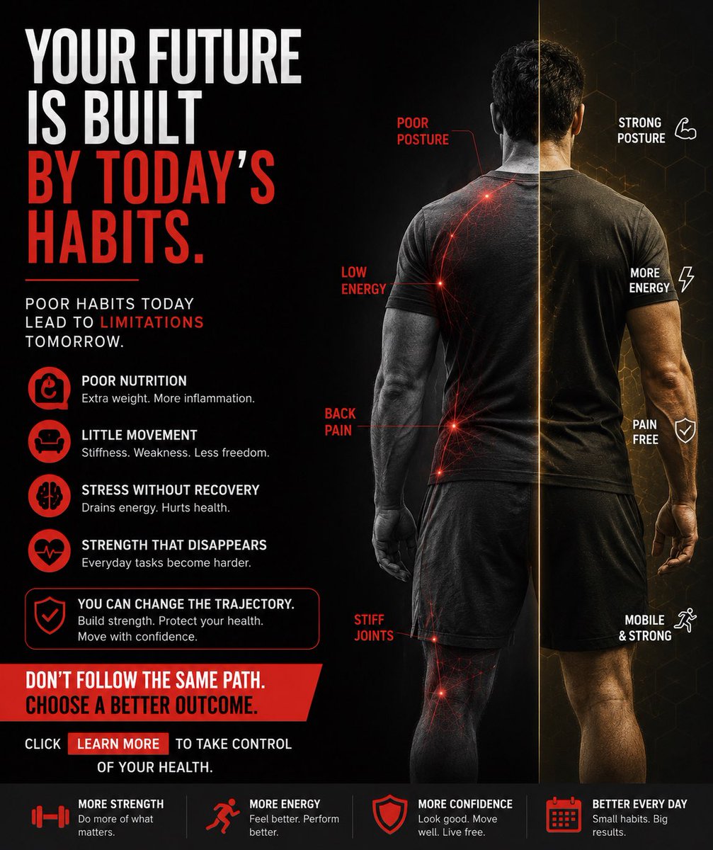 direvpro's tweet photo. Most people spend years building a career.

But never build the body they’ll depend on for the rest of their lives.

The biggest threat isn’t time.

It’s neglect.

Some people stay strong, active, and independent for decades.

Others struggle with simple daily tasks.

The difference isn’t luck.

It’s daily habits.

Too many people repeat the same cycle they watched growing up:

• Poor nutrition.
• Little movement.
• Stress without recovery.
• Strength that slowly disappears.

It’s not just genetics.

It’s the habits you repeat every day.

You don’t have to follow the same path.

Build strength.

Protect your health.

Move with confidence.

Create a body that supports the life you’re working so hard to build.

Your future is shaped by what you consistently do today.

You don’t rise to your goals. You fall to your habits.

The greatest investment you’ll ever make isn’t in your bank account.

It’s in the body that carries you through life.