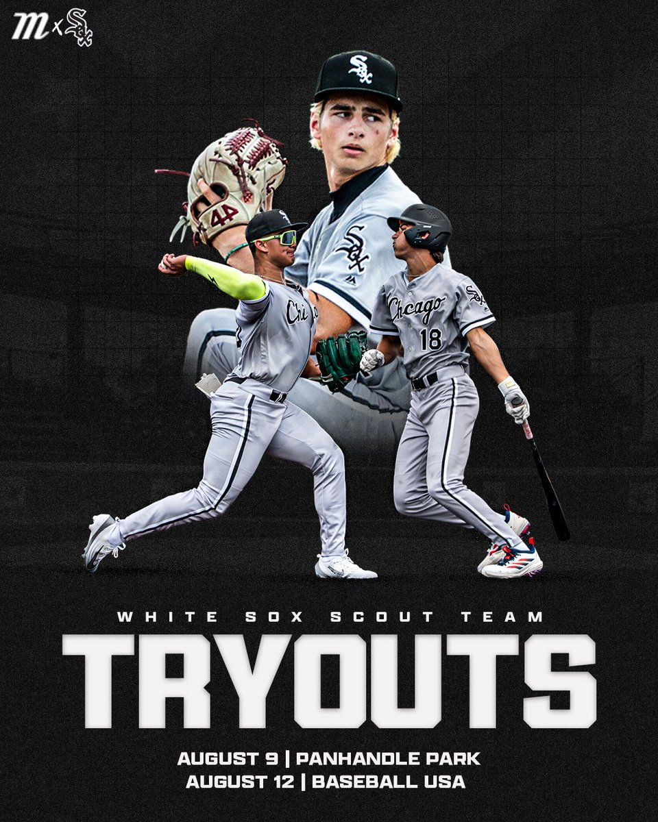 RecruitMETx's tweet photo. 🚨 Marucci Elite / Chicago White Sox Scout Team Tryouts

Class of 2027 & 2028 

This is your final chance to perform in front of White Sox scouts and earn a spot on the Marucci Elite / White Sox Scout Team that will be competing this fall at: 
⚾️ WWBA World Championship — Jupiter, FL
⚾️ WWBA Underclass World Championship — Fort Myers, FL
⚾️ Other highly-scouted events

📍Tryout #1: August 9 at Panhandle Park 
3 pm: Pitchers/Catchers 
4 pm: Position Players
 
📍Tryout #2 (make up): August 12 at Baseball USA
7 pm: All Players

For those attending August 12, you can register now using the link below:

https://t.co/PgTCGFgnz1