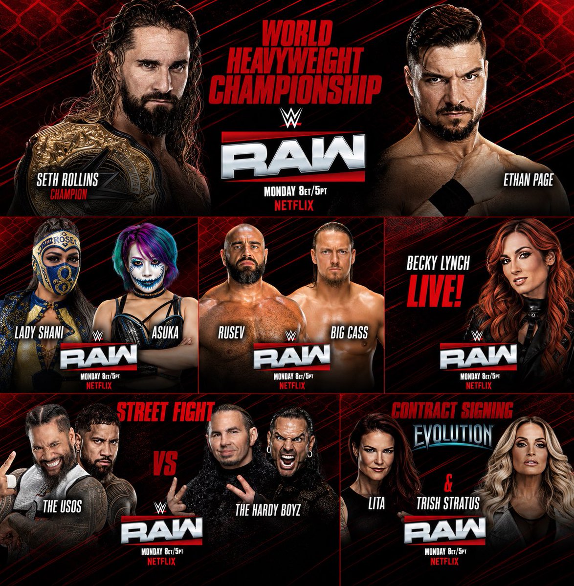 Hazzarealgraps's tweet photo. It's going down TONIGHT on #WWERaw! 🔥 Championship gold on the line, a street fight, a live appearance from The Man, and a contract signing between Trish Stratus and Lita for Evolution! Don't miss it — 8et/5pt on Netflix! https://t.co/sZWI9F3zSe