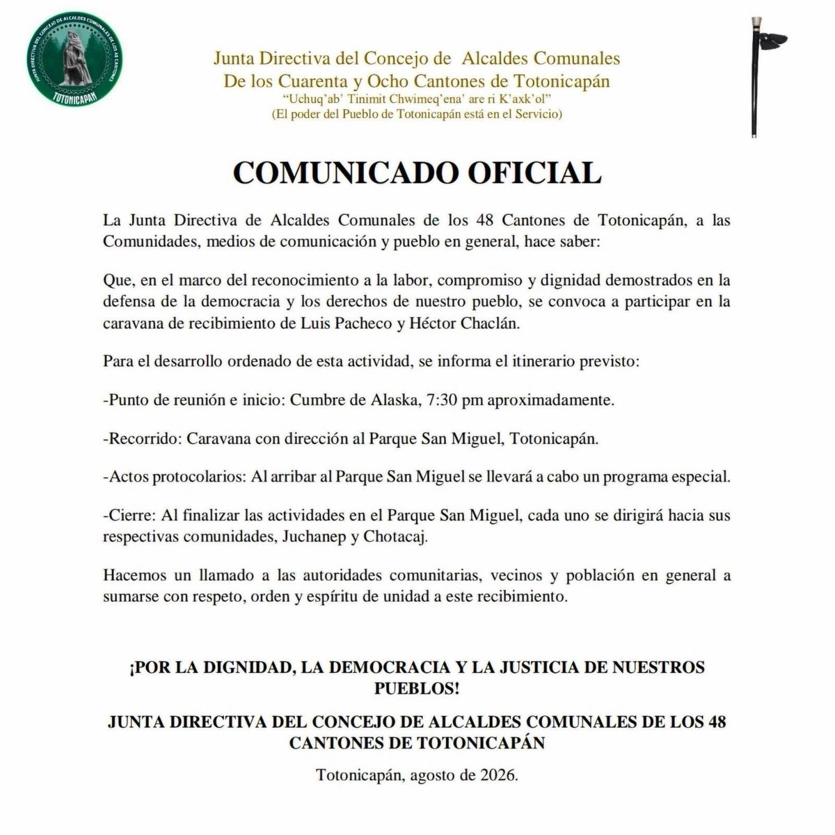 festivalesgt's tweet photo. 🚨 #Totonicapán | La Junta Directiva de los 48 Cantones convoca a una caravana de recibimiento para Luis Pacheco y Héctor Chaclán.

📍 Inicio: Cumbre de Alaska (7:30 p.m.) con dirección al Parque San Miguel, donde habrá actos protocolarios. https://t.co/mFdgcImtez