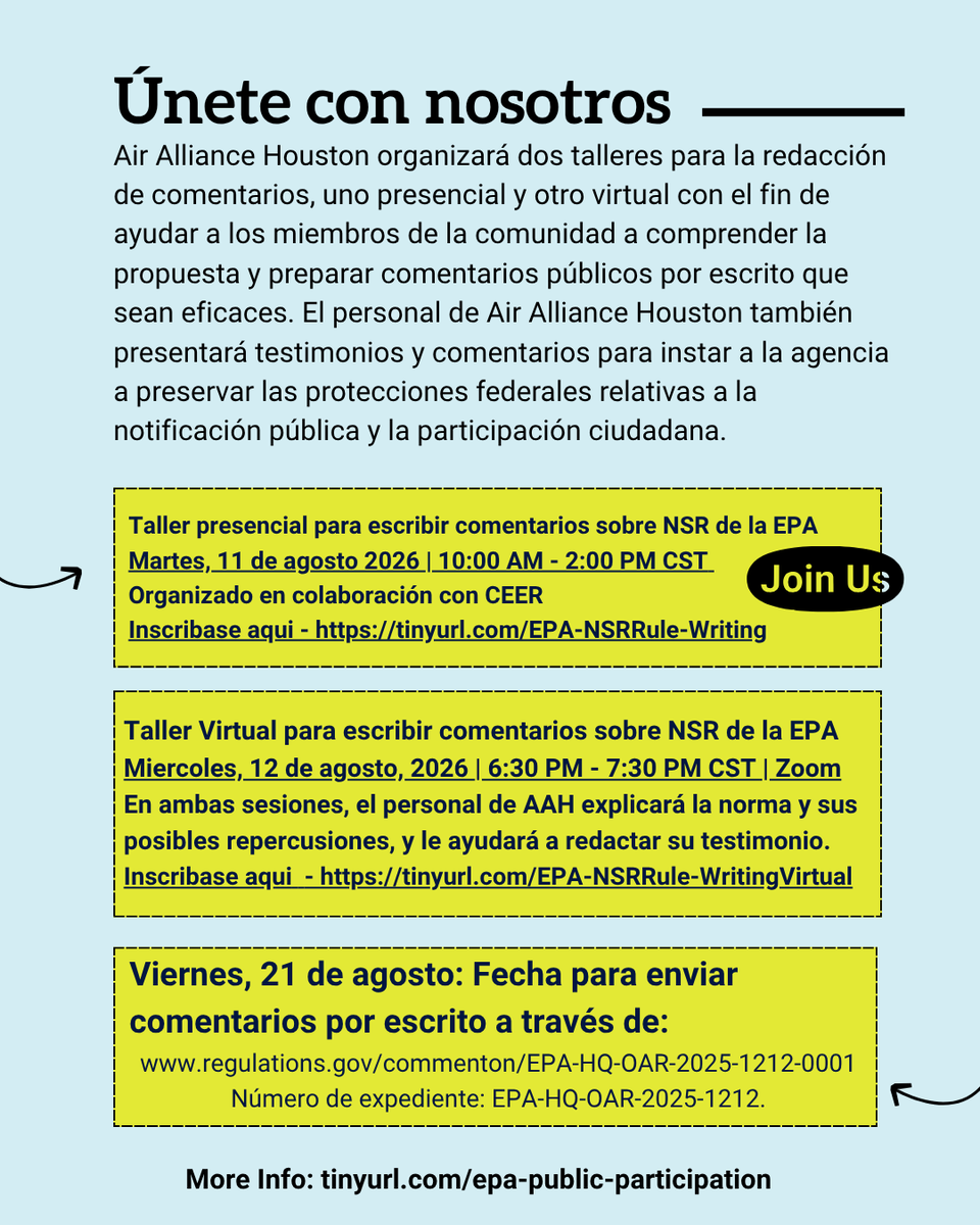 airallianceHOU's tweet photo. Para ayudar a los miembros de la comunidad a entender lo que está en juego y a presentar comentarios efectivos, Air Alliance Houston está organizando dos talleres para escribir comentarios. https://t.co/PmDTWuhFwS