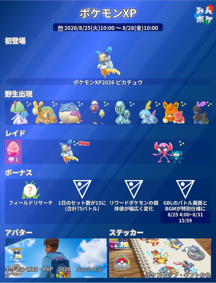 pokemongo_db's tweet photo. 【ポケモンXP & ポケモンワールドチャンピオンシップス2026】
⚡開催期間
8/25(火)10:00〜8/30(日)20:00

✅2種のコスチュームピカチュウが初実装
✅GBL最大セット数がアップ
✅GBLのバトル画面とBGMが特別仕様に
✅一部ポケモンが進化で特別技を習得
✅twitch視聴で限定タイムチャレンジ
など

 https://t.co/Dxa7CKkQfe #ポケモンGO