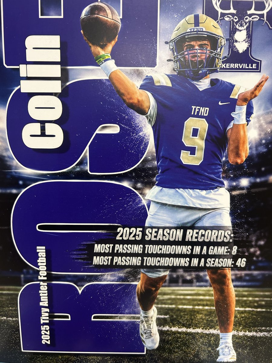 CoachNeill's tweet photo. Talk about a special season by Collin Rose.

Most Passing Touchdowns in a Game: 8 vs. San Antonio Veterans Memorial (Oct. 9, 2025)

Most Passing Touchdowns in a Season: 46 (2025), surpassing Johnny Manziel’s school record of 44 set in 2010

Second-Most Passing Yards in a Season: 3,656, trailing only Cade Dyal’s 3,729 in 2014

Second-Most Passing Completions in a Season: 232, trailing only Cade Dyal’s 262 in 2014

What an incredible impact he made on our program.

He broke two school records, but what means even more is the leader, competitor, and teammate he became. Collin earned the respect of everyone in our locker room through his work ethic, toughness, and commitment to his teammates.

I’m proud of everything he accomplished on the field, but I’m even more proud of the young man he is. He represented Tivy Football with class and left our program better than he found it.

Congratulations on an unforgettable career, Collin. Thank you for everything you gave to Tivy Football. Your legacy will be remembered for years to come.

TFND!