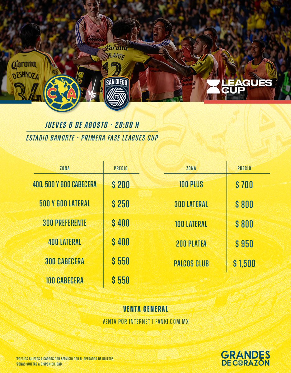 AyudaAmePass's tweet photo. ¡Este jueves jugamos Leagues Cup en casa! 🏟️

⚔️Club América vs. San Diego FC
🎟️ Venta en línea:  https://t.co/MlmJwsP40c
🪪Consigue tu AmePass: https://t.co/YekRA8Ynpy

¡Pintemos el Banorte de amarillo! 💛💛 https://t.co/ZvrQRFNbDF