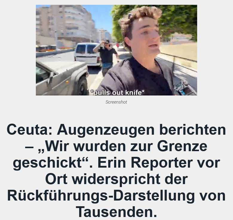 Donuncutschweiz's tweet photo. Ceuta: Zwei Augenzeugen erschüttern die offizielle Erzählung

Die Bilder aus Ceuta gingen um die Welt:  Zehntausende Migranten stürmten innerhalb weniger Tage die spanische  Exklave. Kurz darauf erklärten Behörden und viele große Medien, die Lage  sei weitgehend unter Kontrolle. Der Großteil der Menschen sei nach  Marokko zurückgebracht worden, Auslöser seien Gerüchte in sozialen  Netzwerken gewesen. https://t.co/8HatTEVGWh