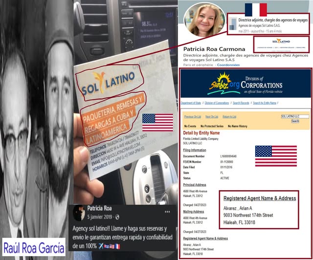 joankelincuba's tweet photo. El negocio imperialista de Patricia Roa, la nieta 
del "canciller de la dignidad". Cofundadora y directora de Sol Latino S.A.S. en Francia. Muy curiosamente,
con el mismo nombre existe una empresa en Florida 
que promueve viajes y paquetería hacia Cuba 
con el mismo logo. https://t.co/DZkGCtwSoV