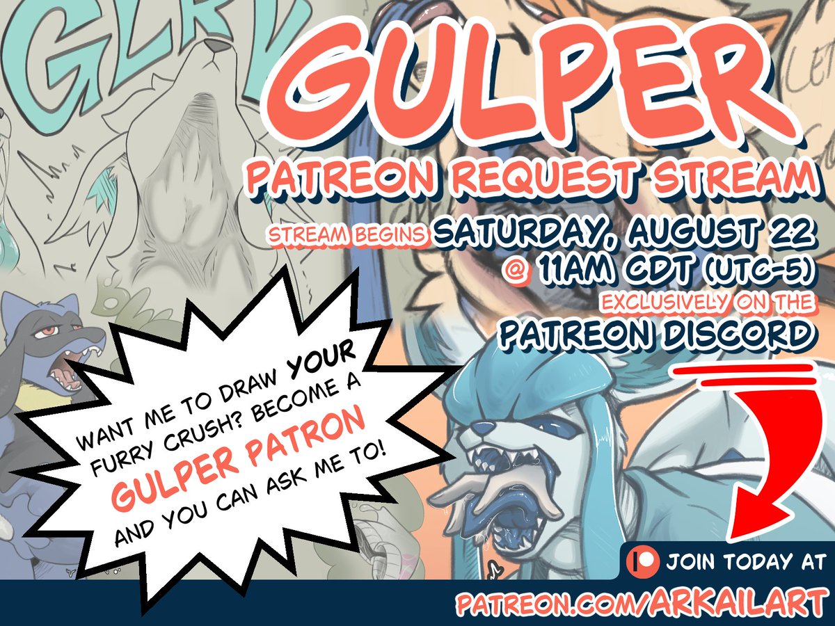 ArkailArt's tweet photo. August's second Gulper request stream is tomorrow! Stream runs on Discord from 11am to 6:30pm, where patrons get to hang out and submit suggestions for what I should sketch! If you wanna check it out, join in at the 🔗 in my pinned post! https://t.co/CUkJV1do2T