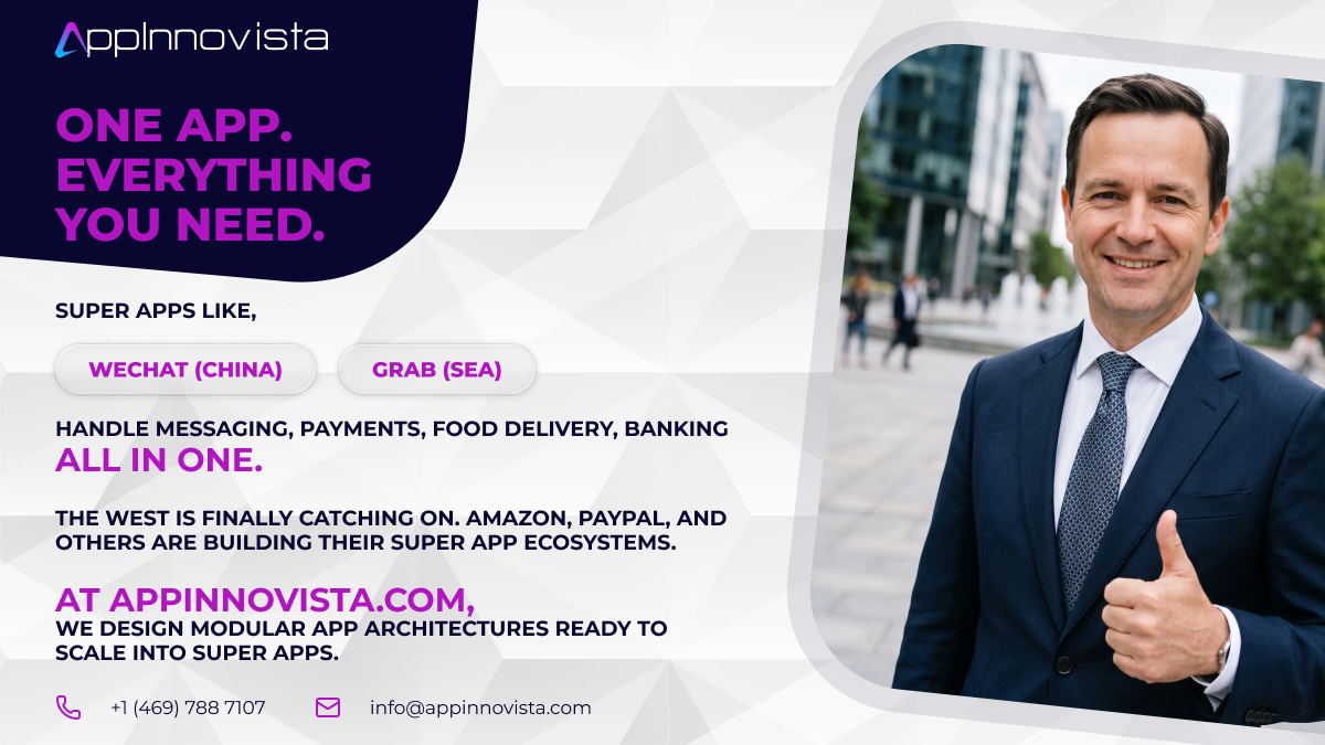 appinnovista's tweet photo. The future is super apps.
One app. Multiple services. Endless possibilities.
We're building scalable, modular app architectures designed to grow with your business.
#SuperApp #AppDevelopment #FinTech #MobileApps #TechTrends https://t.co/ZeA6Z5po34