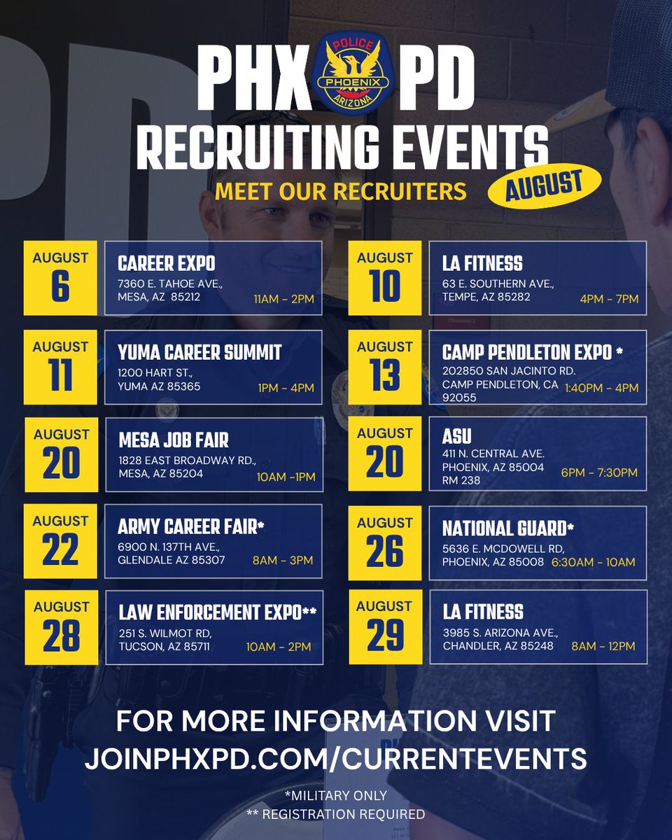 joinphxpd's tweet photo. Curious about our hiring process or what it’s like to work with us?🚓  Stop by any of these events and chat with our recruiters. They’re ready to answer your questions.

For more information on future events, visit:
https://t.co/Zd3siEiIiO events https://t.co/sv16oYHG3D