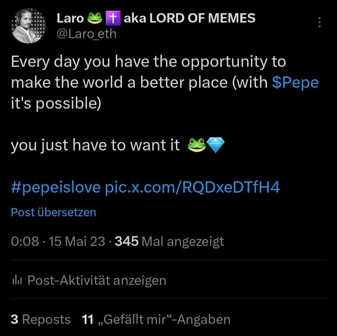 Laro__eth's tweet photo. I like to look back on moments from those times in 2023. Why? Because it reminds me how many friends here on X I was able to share my conviction about $PEPE on Ethereum with, and how some of them then seized the opportunity themselves and were able to change their lives with it. Because they believed in this meme. My own story was just a small part of it. The overall picture is what made it special. The belief in a community and the meme, and the solidarity - that's what led to success. And now, with $WOJAK on #Robinhood , we're going to write a similarly positive story. My only task is to show people this opportunity as early as possible, which is exactly what I'm doing right now, at this very moment, as I write and post this tweet. 

Wojak is destined for greatness on Robinhood.

$WOJAK FOR THE PEOPLE

@wojak_RH 

Ca:

0xaCE55FE98Bab14366dD49aB5AA5dF76aA11A3c6f

#Wojak