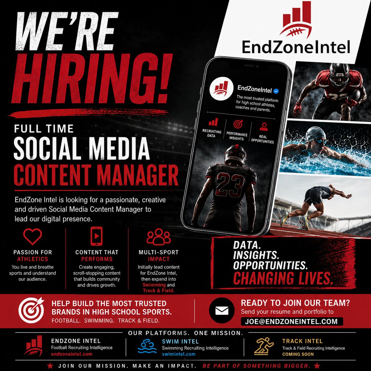 TheEndZoneIntel's tweet photo. EndZone Intel is looking for a Social Media Manager.

🏈 Manage content for EndZone Intel, SwimIntel &amp; Track Intel (coming soon)
🎙️ Produce and manage the EndZone Intel Podcast
📱 Create content that reaches thousands of athletes, parents, and coaches.

📧 joe@endzoneintel.com https://t.co/9TEjdk4aAB