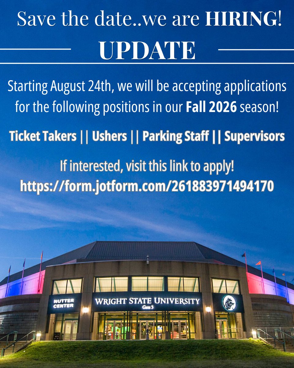 nuttercenter's tweet photo. UPDATE! If you are still interested in working for the Nutter Center, the provided  link is where you can send your application! We can't wait to meet our new team members this fall! 

Link:
https://t.co/zMUGa18zyL https://t.co/BBOcbUildz