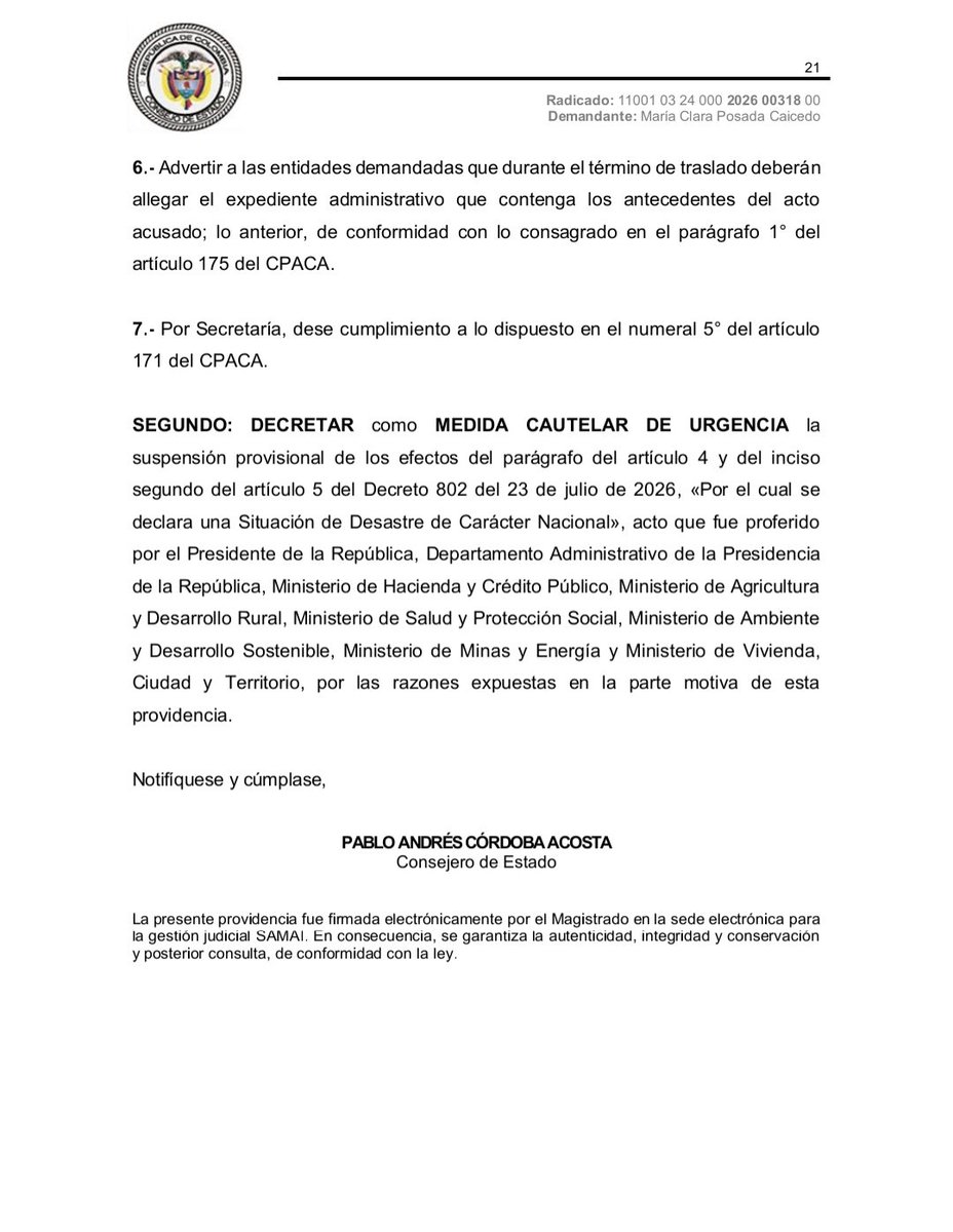 NoticiasRCN's tweet photo. #ATENCIÓN El Consejo de Estado suspendió provisionalmente dos normas del Decreto 802 del 23 de julio de 2026 que regulan las condiciones para trasladar recursos a la UNGRD, en el marco de la declaratoria de desastre nacional por el fenómeno de El Niño. https://t.co/e8nsufKJa8