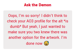 DemonDonkers's tweet photo. I sent my co author this information and we had a giggle about it, but we can't make any promises we'll get a chapter out at a specific time. But we'll see! https://t.co/xG1hS7Qbte