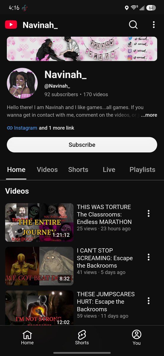 Navinah_'s tweet photo. I'm almost at 100 subscribers for my YouTube channel! If anyone does see this and like horror content and goofy games, please sub. I stream occasionally but I upload a good bit. Shorts daily and Videos weekly #subscribers #YouTube https://t.co/NM963oGM10