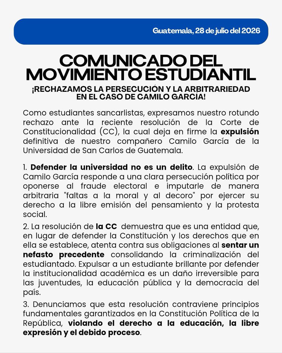 PrensaComunitar's tweet photo. #FraudeUSAC Estudiantes rechazan el fallo de la CC que confirma la expulsión del estudiante Camilo García 

Las asociaciones estudiantiles sancarlistas denuncian que la resolución de la Corte de Constitucionalidad sienta un mal precedente en la defensa de los derechos constitucionales.