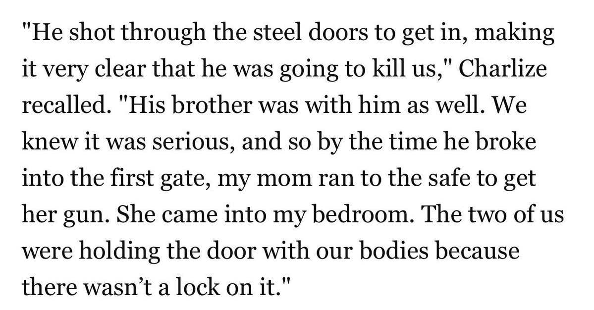 karaokecomputer's tweet photo. The irony is that those steel doors DID actually save Theron’s life - just not from the people they were designed to keep out. The doors bought Charlize’s mother just enough time to shoot and kill their abusive dad in self-defense in the middle of his drunken homicidal rampage. https://t.co/AUb9ry8lKD