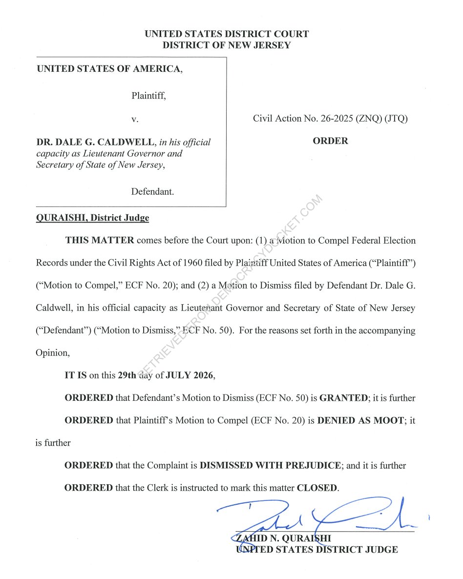 DemocracyDocket's tweet photo. 🚨BREAKING: In a win for New Jersey voters, a federal court dismissed the DOJ's lawsuit seeking access to the state's unredacted voter registration list.

The department is now 0-18 in its sweeping legal hunt for state voter data. https://t.co/G5Cx6yJsQ5
