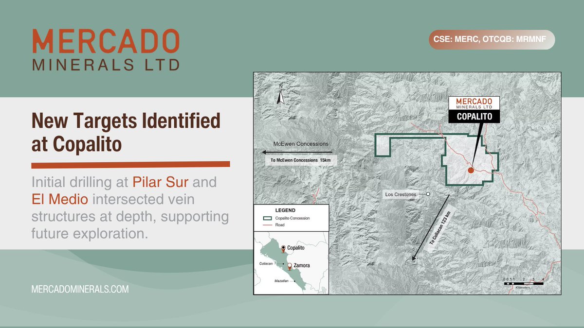 MercadoMinerals's tweet photo. Catch up on the results from the Copalito Project. The program successfully expanded known areas of mineralization at El Pilar, El Agua, and 5 Señores Veins, while identifying new areas for future drill targeting. 
 
Read more: https://t.co/0Krt4VF4JN  
 
$MERC.C $MRMNF https://t.co/PymOzhwORQ
