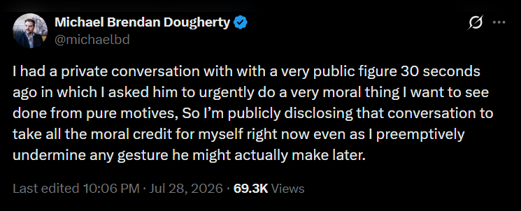 jasonahart's tweet photo. In two columns he wrote >8 months ago, @roddreher publicly implored his friend @JDVance to denounce @TuckerCarlson's mainstreaming of Nick Fuentes.
Vance still hasn't criticized Tucker in any way since defending him 7 months ago.
@michaelbd is mad he didn't give JD more time. 🤣 https://t.co/eYtt8a0iXM
