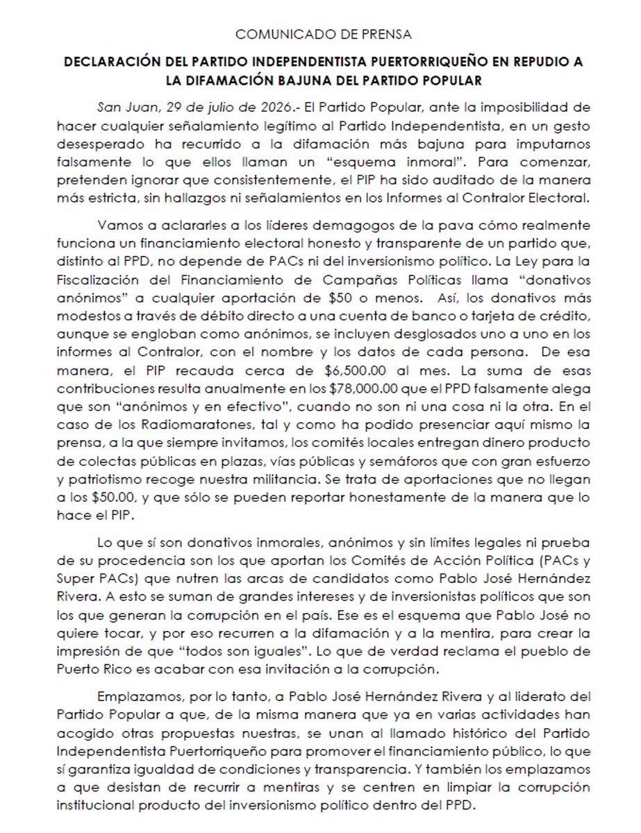 OLFResurrection's tweet photo. Comunicado del PIP en respuesta a declaraciones falsas de Manuel Calderón Cerame (que me tiene bloqueado porque siempre he dicho que es un vago que no pudo ni reorganizar un Precinto de San Juan). https://t.co/d43bd1hpVq
