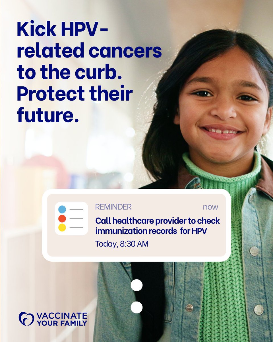 Vaxyourfam's tweet photo. You can’t protect your children from everything in life, but
you can help protect them from HPV-related cancers.
For peace of mind, #MakeTheCall to your child’s healthcare
provider and ask about HPV vaccination. 💙🤗
#FirstDayVax https://t.co/E3mLeTPJhL