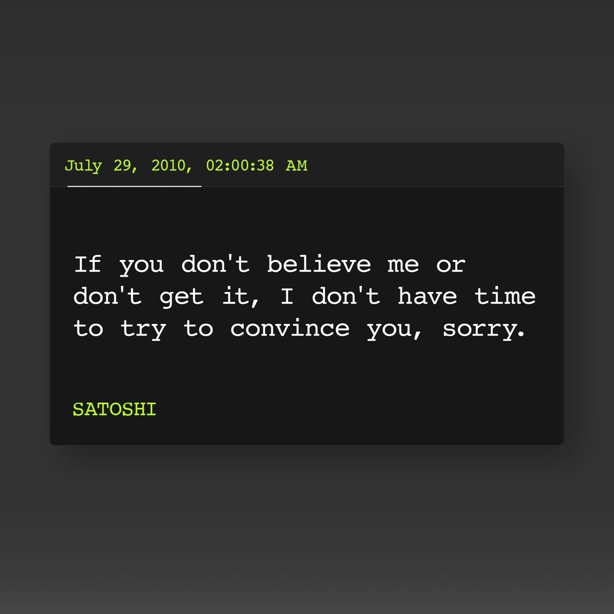czterminaltoken's tweet photo. 🚀 If you don’t believe in $CZT, it’s honestly your loss.

Even Satoshi set the blueprint 16 years ago, and the mission hasn't changed. 

The real ones know where this market is heading.

16 years later and we still ₿ELIEVE. Thank you, Satoshi 🫡

Don't stay on the sidelines https://t.co/CGh3pK6kTt