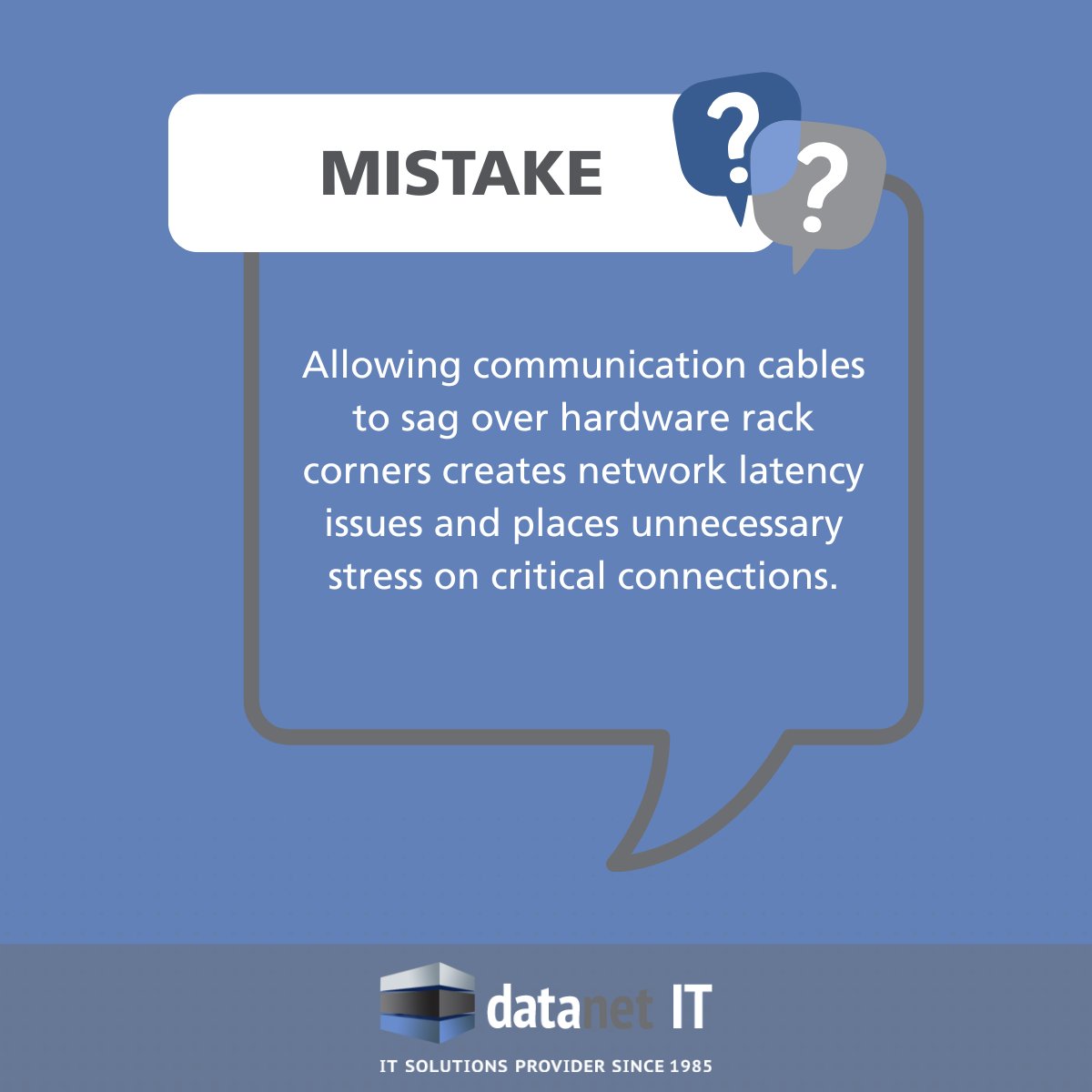 datanetIT's tweet photo. #Mistake: Allowing communication cables to sag over hardware rack corners creates network latency issues and places unnecessary stress on critical connections. https://t.co/1SCsZidRYo