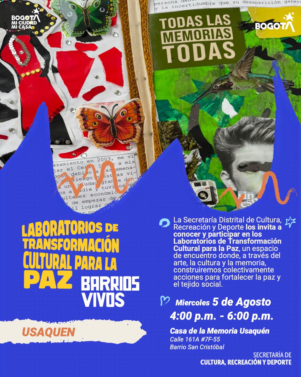 CulturaenBta's tweet photo. 📢 ¡Atención, víctimas del conflicto armado de la localidad de Usaquén!

📅 Fecha: 5 de agosto de 2026
🕓 Hora: 4:00 p. m.
📍 Lugar: Casa de la Memoria Usaquén – Cl. 161A #7F-55

✨ Tu historia, tu voz y tu participación son fundamentales. ¡Los esperamos para construir juntos caminos de paz!

#BarriosVivos