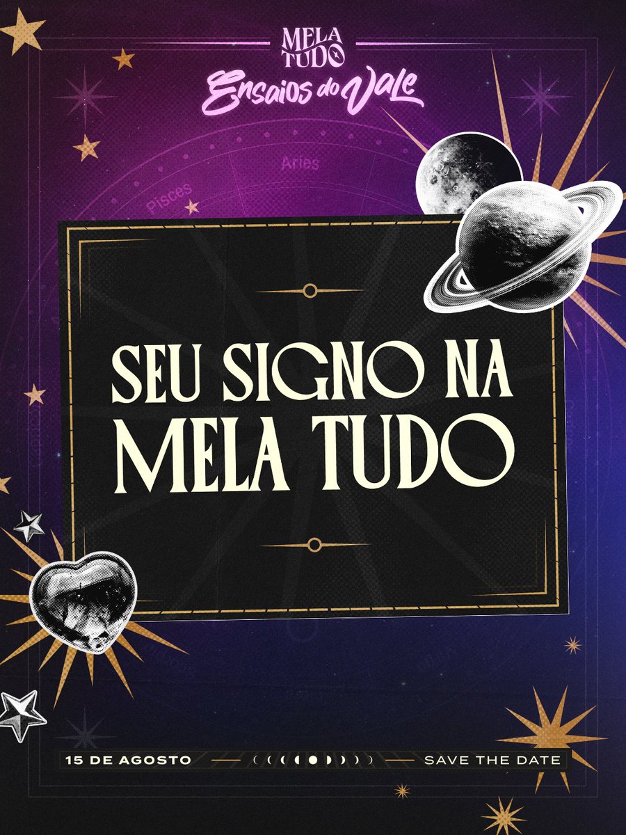 UnidosDoValeUFG's tweet photo. 🪐 FALA QUEM É! ⋆.˚ ☾⭒.

 ˚˖𓍢ִ໋ ☀️ A Mela Tudo - Ensaios do Vale tá chegando e a gente quer saber: Qual é o seu signo na Mela Tudo, bb?? ★🔭๋࣭ ⭑⋆｡˚𖹭

🪐✨️ Mela Tudo - Ensaios do Vale
🗓️ 15/08
📍 Assesgo 

Ingressos disponíveis na Cheers ou com nossos comissários.࿔⭑.ᐟ https://t.co/mpiesyUQBo