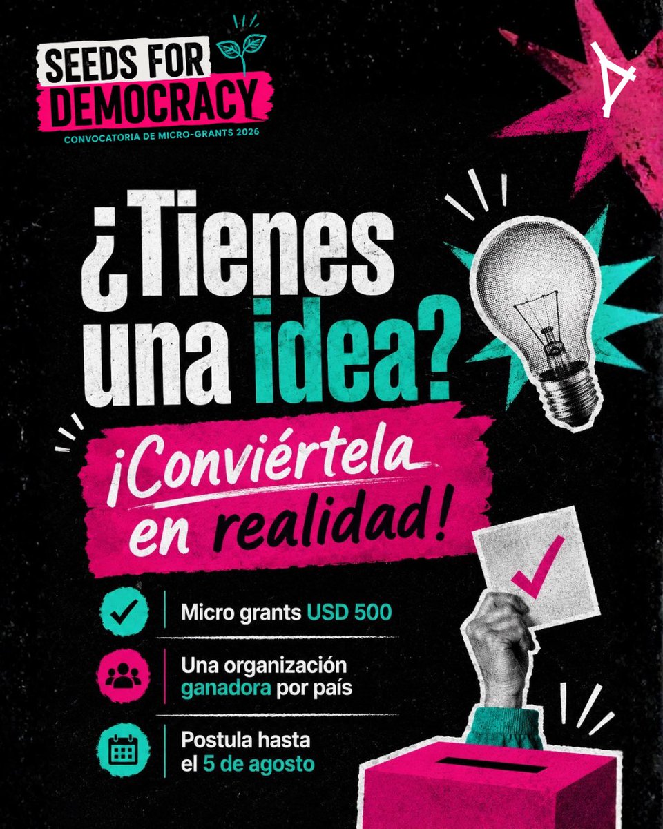 JuventudLAC's tweet photo. 🌱 Tu idea puede fortalecer la democracia.

Postula a Seeds for Democracy y obtén un micro-grant de USD 500 para hacer realidad una actividad liderada por jóvenes.

🏆 Se seleccionará una organización por país.

⏳ Postula hasta el 5 de agosto.

🔗 Encuentra el formulario en nuestras historias o en el link de la bio.

¡Esperamos tu propuesta!

#YouthDemocracyCohort #YDC #WYDEngagement #JuventudLAC #SeedsForDemocracy