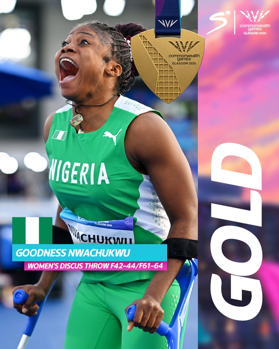 SuperSportTV's tweet photo. 🇳🇬🥇 Goodness Nwachukwu defends her Commonwealth Games title by launching the Discus out to 39.66m, and breaking the World Record 👏

#SSCommonwealthGames #Glasgow2026 https://t.co/Mf1vgtseCt