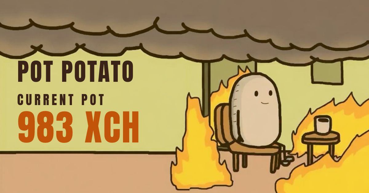 PotPotatoXYZ's tweet photo. SNATCHED — xch1pku4yg…myca took the potato from @Ardaz955, who held it for 11h 4m and earns royalties on every sale from here. The pot is 983 XCH. Taking it costs 1.983. https://t.co/zzt4NZs8J9