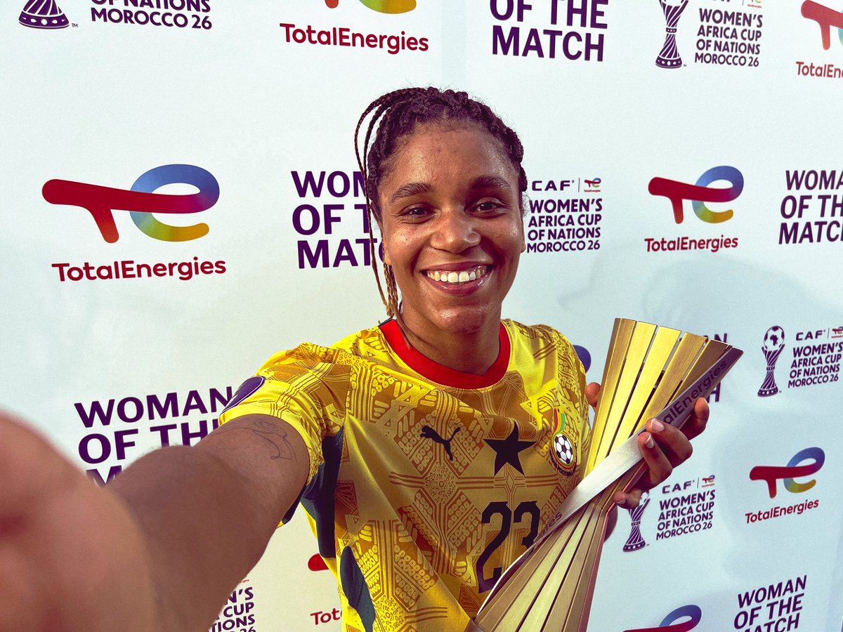 CAFwomen's tweet photo. An impressive display from Josephine Bonsu earns her the TotalEnergies Woman of the Match award. 🌟🇬🇭

#TotalEnergiesWAFCON2026 | @Football2Gether https://t.co/KN6q0N8hGU