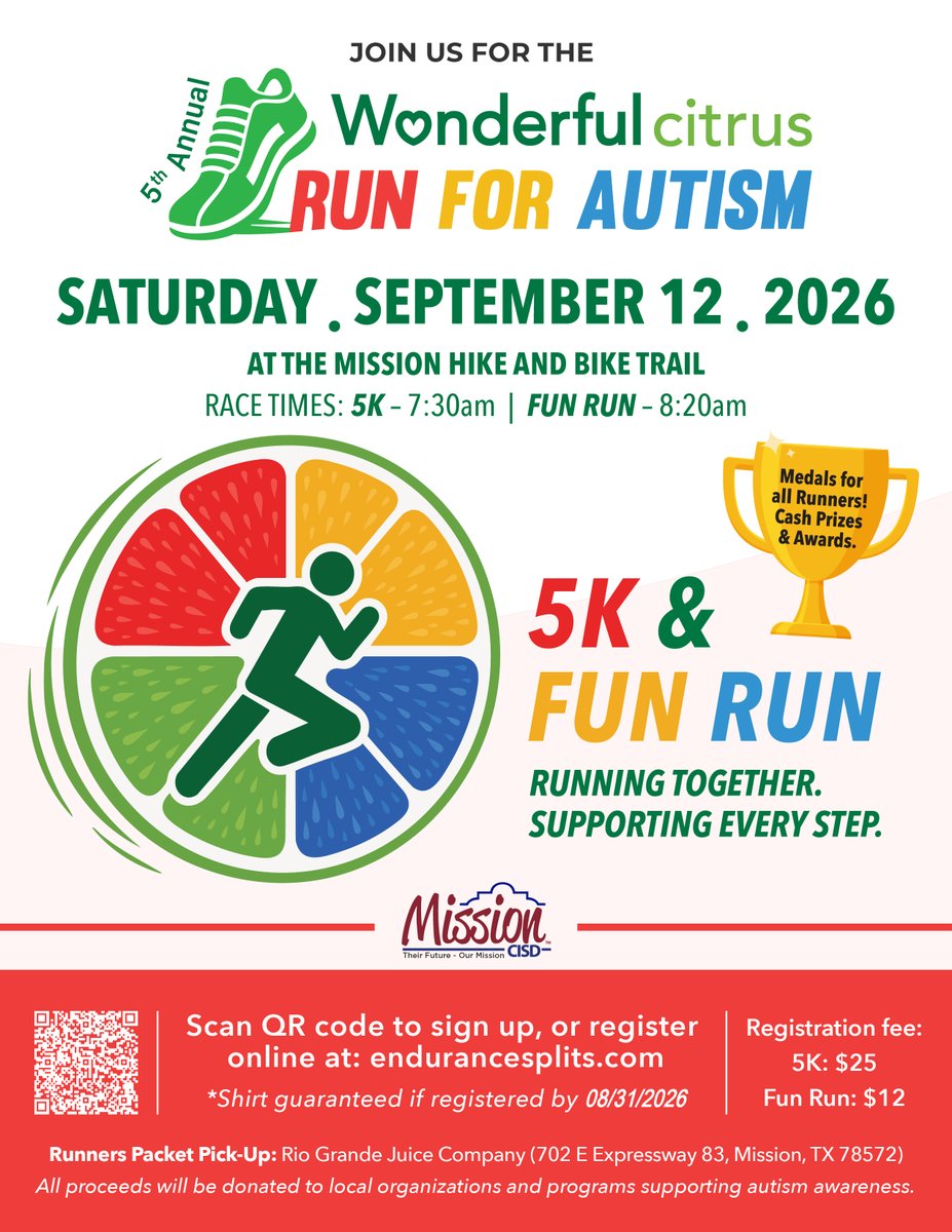 MissionCISD's tweet photo. Lace up, Mission CISD! We’re thrilled to partner with Wonderful Citrus for the 5th Annual Run for Autism!

Every step you take helps support vital programs for our Special Education students at Mission CISD, making a real difference right here in our community. https://t.co/jrVc4UJCoR