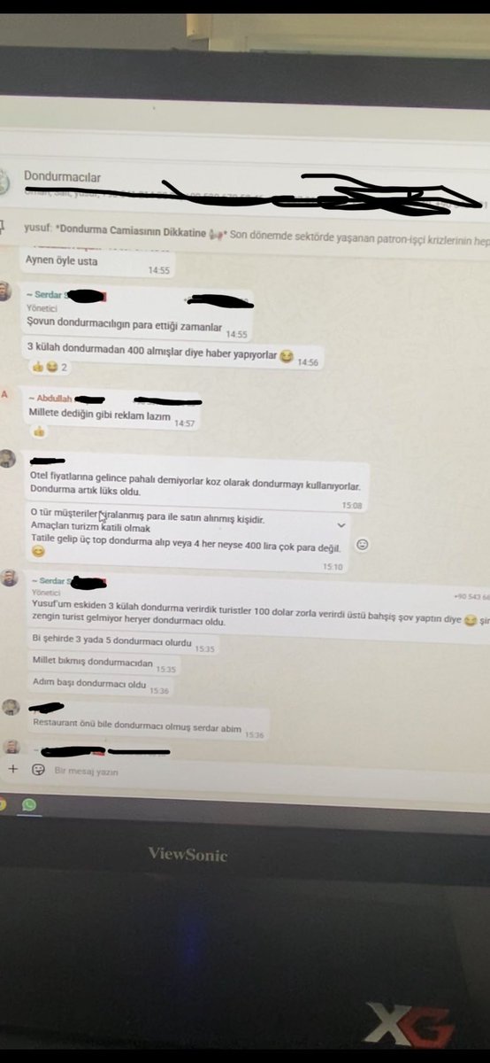 Bulvarpress's tweet photo. Marmaris’te yaşanan olaydan sonra dondurma birliği whatsapp grubunda dondurmacılar meslektaşını haklı buldu:

—“Geçen sene dondurmanın topu 100 TL idi zaten 3 top için 400-500 TL normal.”

—“3 külah dondurmaya 400 almışlar diye haber yapıyorlar😂”

—“O müşteriler para ile satın alınmış kişilerdir.”