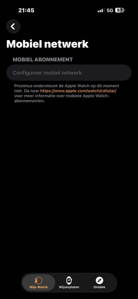 RubenP_'s tweet photo. @proximus Beste, ik zou graag mijn Apple Watch ten volle willen gebruiken en er mobiele data op te zetten voor als ik zou gaan lopen of gelijk wat. Maar bij instellen van een extern mobiel netwerk houdt ‘Proximus’ alles tegen. (Balk voor configureren is grijs). Al bijna een eeuw! https://t.co/UhIquGIvvO