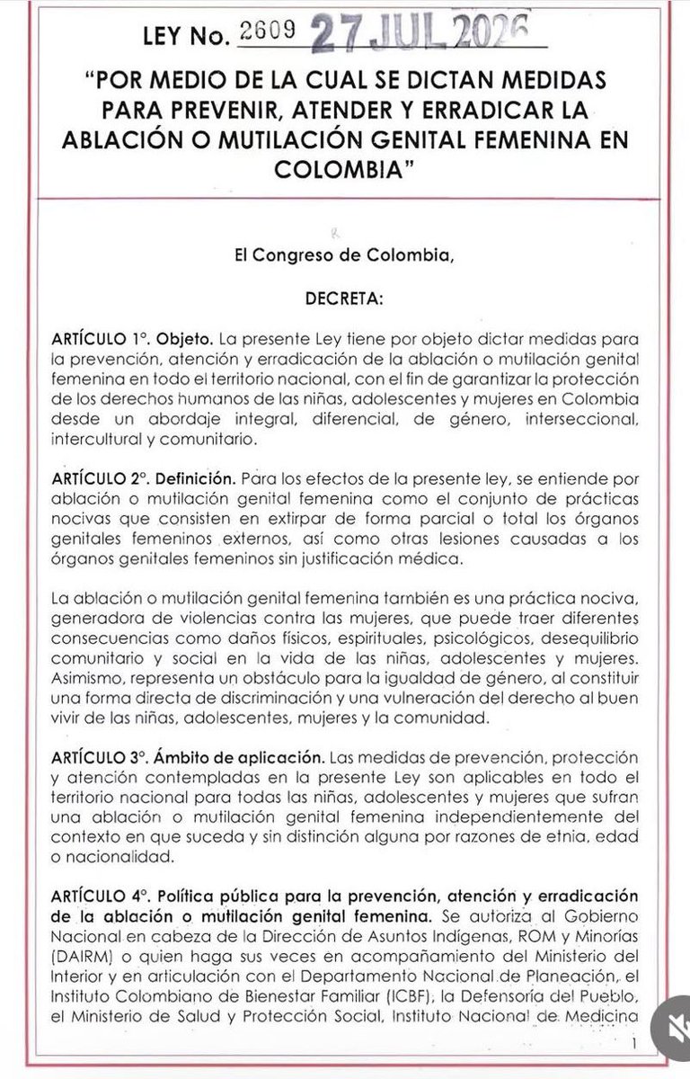 CaroGiraBo's tweet photo. Sancionada la ley para erradicar la ablación o mutilación genital femenina en Colombia. 
Es ley 💜. https://t.co/Ghn9JA9AOs