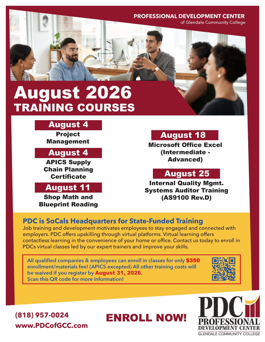 PDCGlendale's tweet photo. August 2026 Upcoming Training Courses. Contact us today to enroll. Classes are filling quickly!
#upskilling #training #trainingcourses #professionaldevelopment #manufacturing #apics #ProjectManagement #microsoftexcel #InternalAuditorTraining #shopmath #blueprintreading https://t.co/RSYQLRnQhC