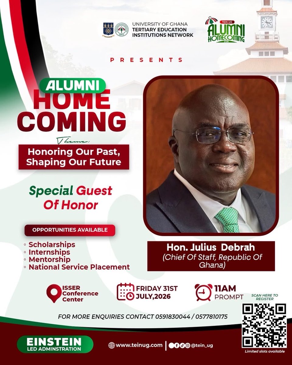 tein_ug's tweet photo. @JDebrahofficial Chief of Staff of the Republic of Ghana, joins the TEIN-UG Alumni Homecoming as Special Guest of Honor. 

Don’t miss this opportunity to reconnect, network, and shape the future. 

#TEINUG #AlumniHomecoming https://t.co/DujWqsSYtc