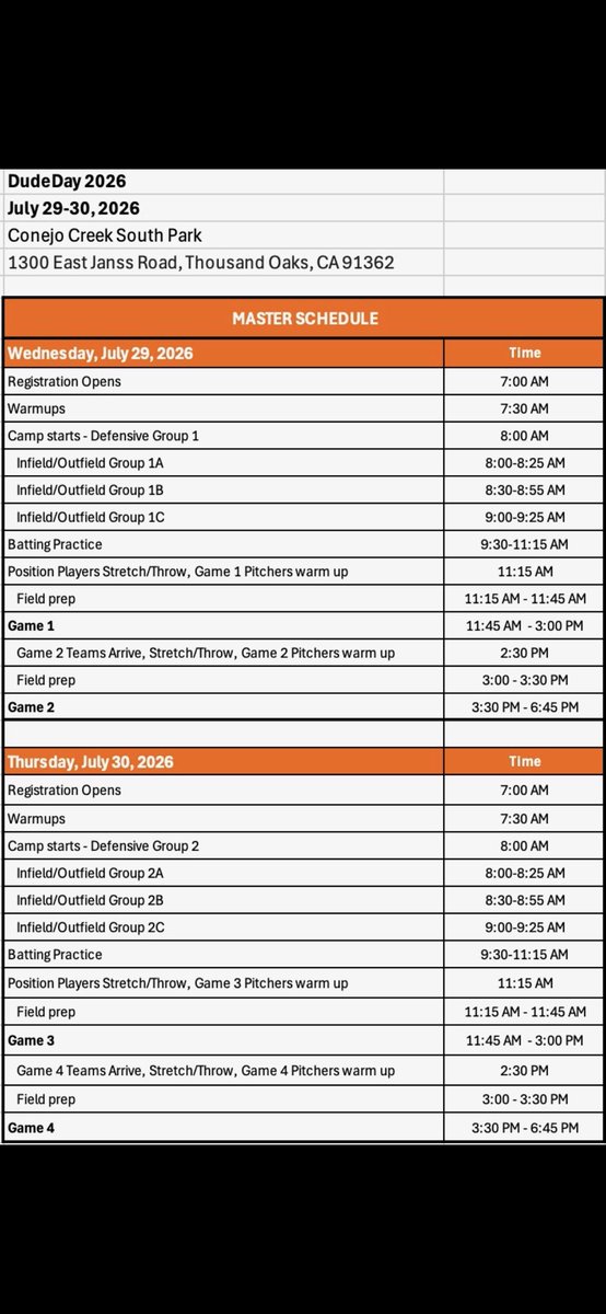 Evilleda44's tweet photo. Schedule for Dude Day 7/30 I will be playing in game 4 wearing #44. https://t.co/qmSP3IZYm4