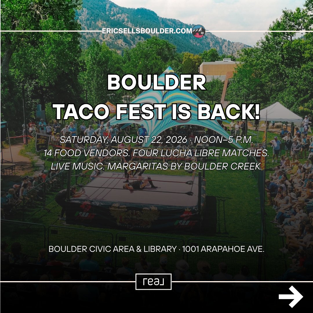 FarranEric's tweet photo. Boulder Taco Fest returns Aug. 22, 2026: 14 vendors, lucha libre, live music, and margaritas by Boulder Creek. Save this for your Boulder weekend plans!
#BoulderColorado #BoulderRealEstate #BoulderEvents #ColoradoLiving #fyp https://t.co/6RUdjffCFi