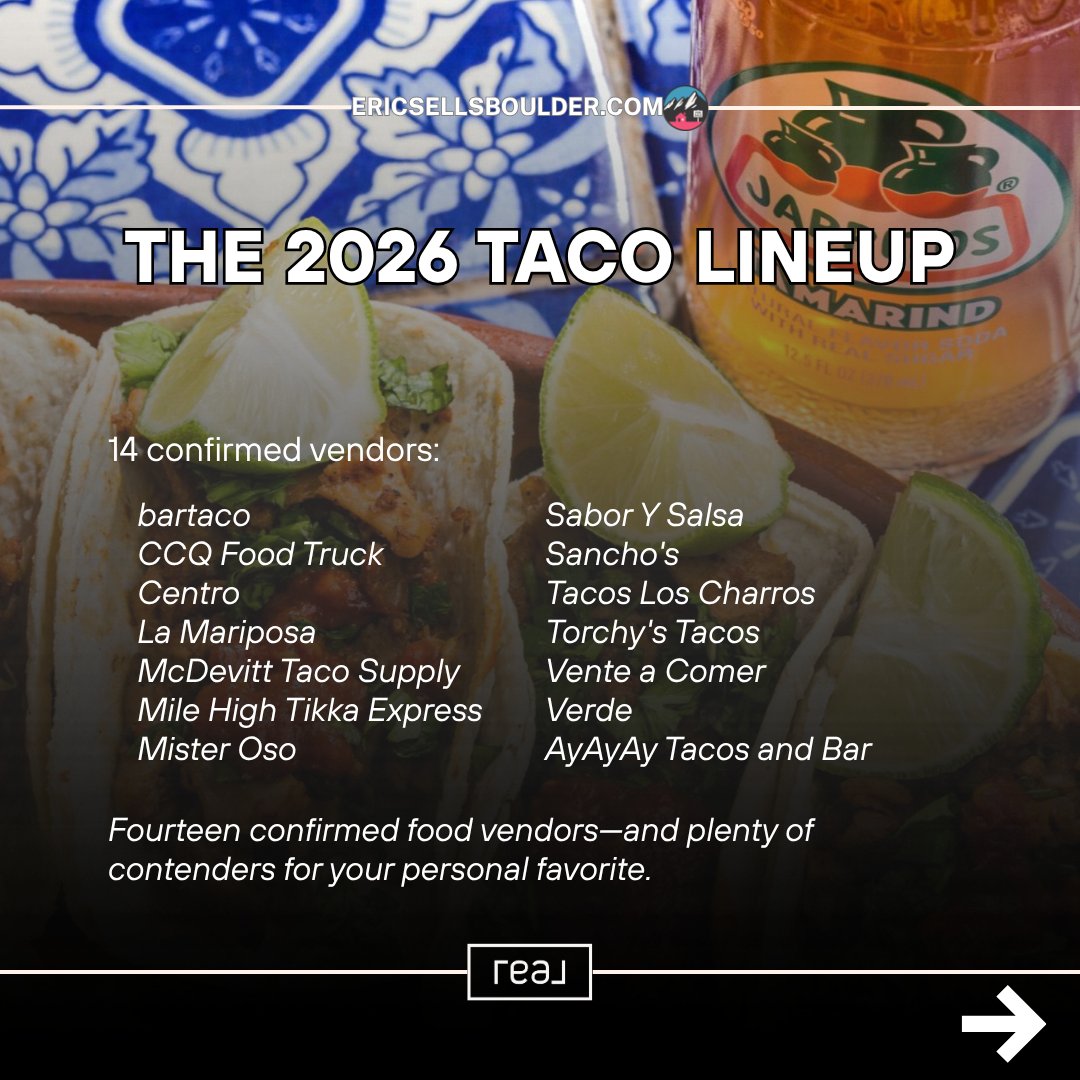 FarranEric's tweet photo. Boulder Taco Fest returns Aug. 22, 2026: 14 vendors, lucha libre, live music, and margaritas by Boulder Creek. Save this for your Boulder weekend plans!
#BoulderColorado #BoulderRealEstate #BoulderEvents #ColoradoLiving #fyp https://t.co/6RUdjffCFi