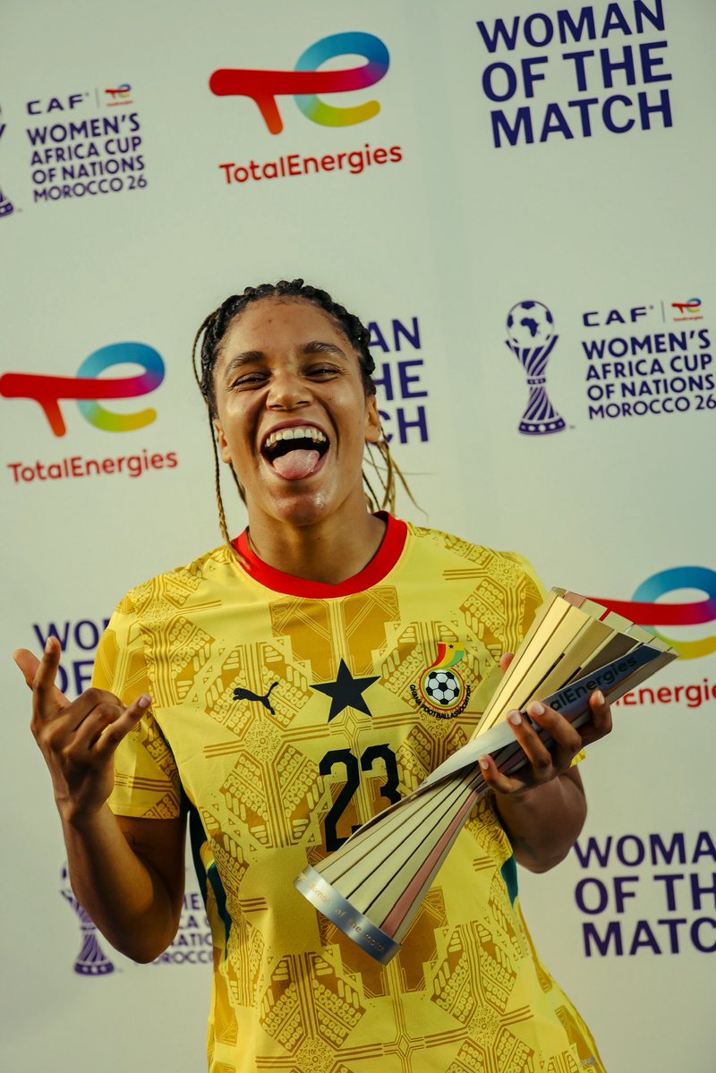 GhanaWNT's tweet photo. First game. First win. First MVP. ⭐

Josephine Afua Kyerewaa Bonsu stole the show and deservedly walks away with the Player of the Match award. 👏

#ShineBlackQueens✨ 
#MoreThanAble 💪🏾
#TotalEnergiesWAFCON26 https://t.co/ADeyZEkkZI