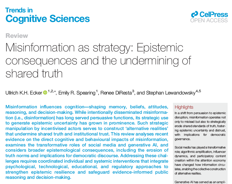 TrendsCognSci's tweet photo. Misinformation as strategy: Epistemic consequences and the undermining of shared truth

Review by Ullrich Ecker, Emily Spearing, Renee DiResta (@noUpside), &amp; Stephan Lewandowsky
https://t.co/tKOHNMqcbn https://t.co/nHWe6TAKUS