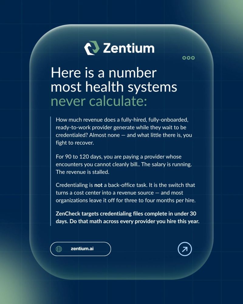 zentiumai's tweet photo. A fully hired, fully onboarded provider who can't see billable patients yet is still costing you every day.

90-120 days is the industry norm. It doesn't have to be yours.

#Credentialing #RevenueCycleManagement #HealthcareOperations #HealthTech https://t.co/vqW9o7KP4u