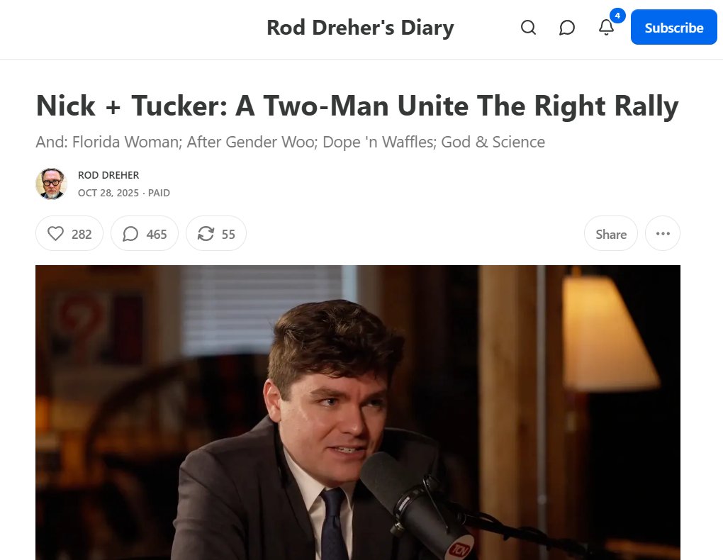 jasonahart's tweet photo. In two columns he wrote >8 months ago, @roddreher publicly implored his friend @JDVance to denounce @TuckerCarlson's mainstreaming of Nick Fuentes.
Vance still hasn't criticized Tucker in any way since defending him 7 months ago.
@michaelbd is mad he didn't give JD more time. 🤣 https://t.co/eYtt8a0iXM