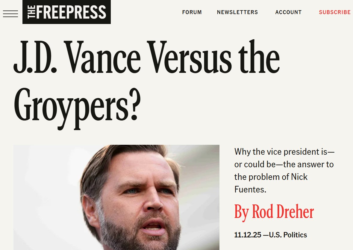 jasonahart's tweet photo. In two columns he wrote >8 months ago, @roddreher publicly implored his friend @JDVance to denounce @TuckerCarlson's mainstreaming of Nick Fuentes.
Vance still hasn't criticized Tucker in any way since defending him 7 months ago.
@michaelbd is mad he didn't give JD more time. 🤣 https://t.co/eYtt8a0iXM